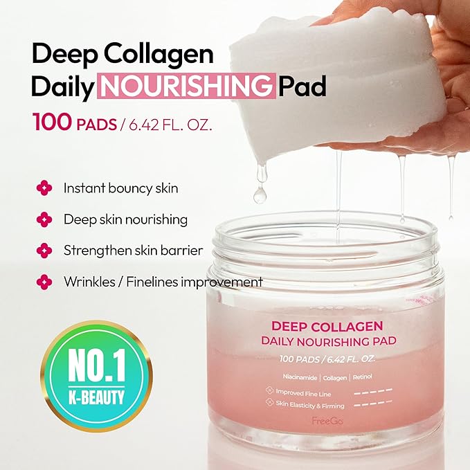 FreeGo Deep Collagen Daily Nourishing Pad (100 Pads), K-Beauty Korean Facial Toner Pads for Dull and Coarse Skin, Instant Bouncy Skin Firming, Korean Skin Care