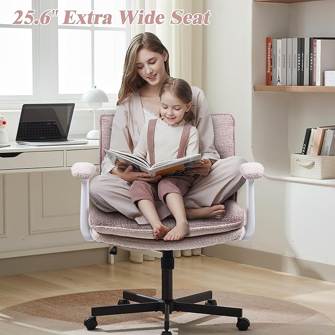 Criss Cross Legged Office Chair with Wheels and Flip-Up Arms, Upholstered Criss Cross Desk Chair, Wide Seat Chairs for Home Office, Vanity, Apartment, Pink
