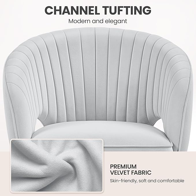Yaheetech Velvet Swivel Vanity Chair with Back Upholstered Home Office Desk Armchair with Wheels Small Desk Chair for Bedroom Light Gray