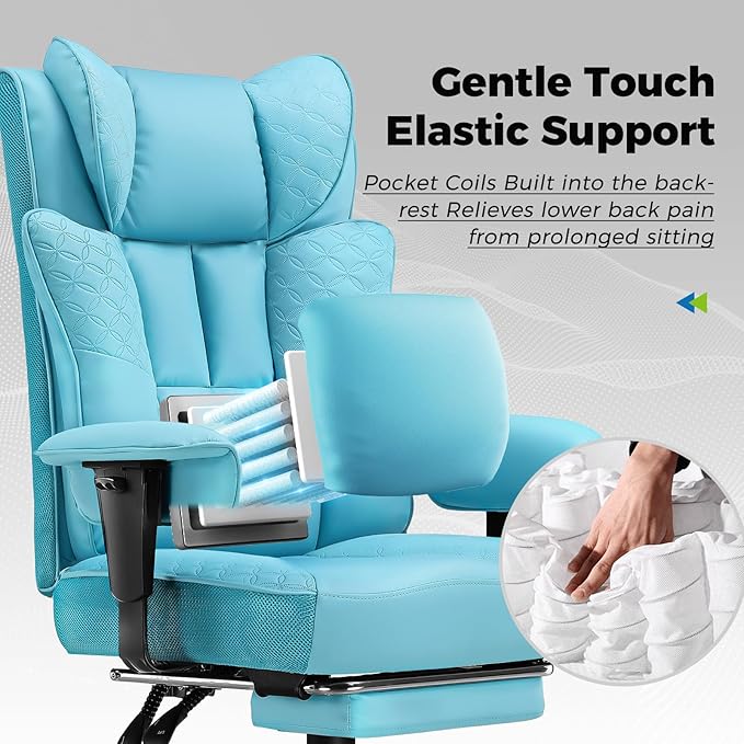 GTPLAYER Big and Tall Office Chair 400LBS Wide Ergonomic Gaming Chair with Deluxe Embossing Designed Leather with Foot Rest,150°Reclining Adjustable Soft Armrests Pocket Spring Back Support and Pillow