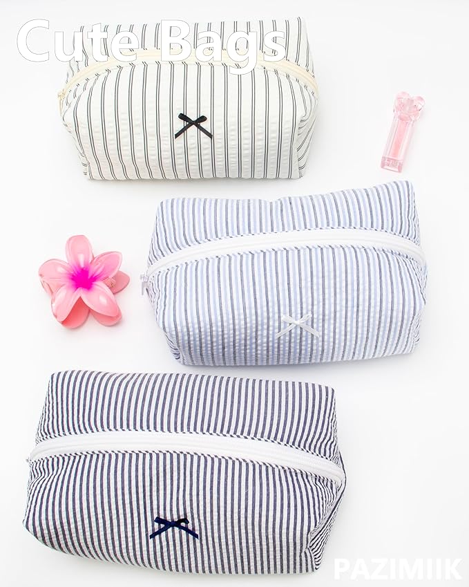 PAZIMIIK Cozy Makeup Bag Small Aesthetic Travel Zipper Cosmetic Pouch for Women Make Up Beauty Accessories Brushes, Stripe Black