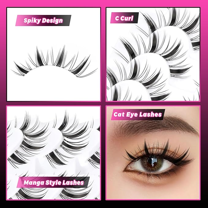 Veleasha Fairy Lashes Manga Eyelashes Spiky Eyelash Cat Eye Lashes Wispy Natural Look False Eyelashes 100% Handmade with Clear Band 8 Pairs (Fairy)