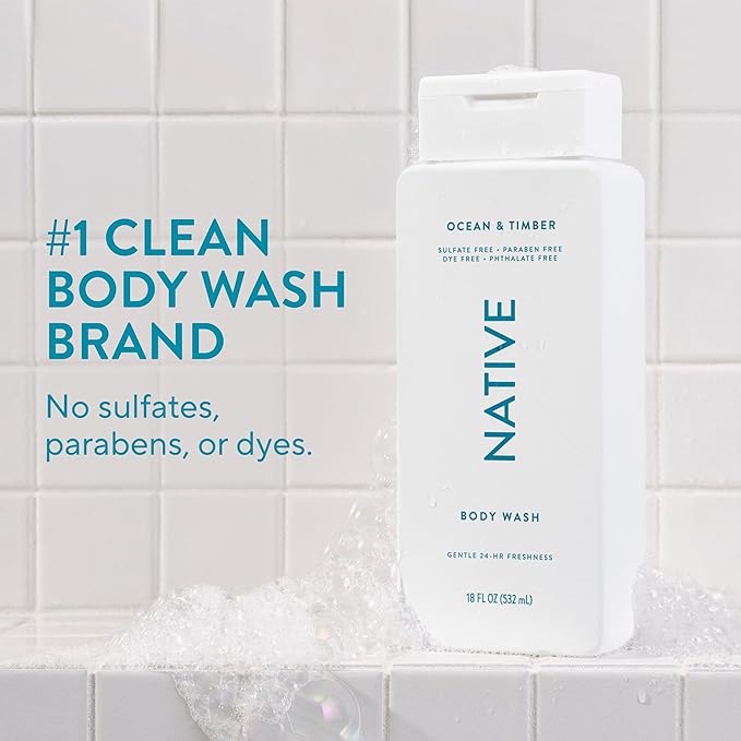 Native Body Wash Contains Naturally Derived Ingredients | For Women & Men, Sulfate, Paraben, & Dye Free Leaving Skin Soft and Hydrated | Ocean & Timber 18 oz