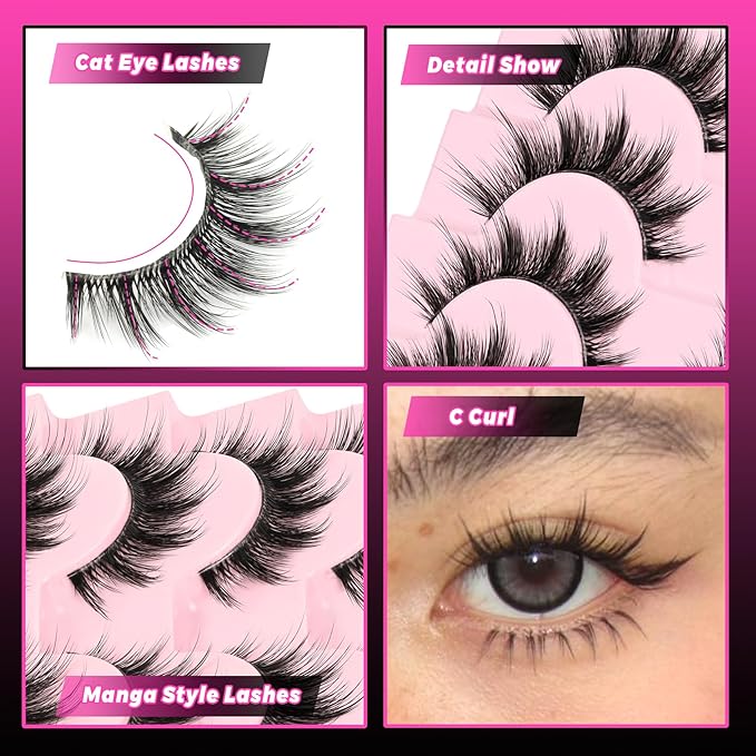 Veleasha Lashes Manga Eyelashes Cat Eye Lash with Clear Band Spiky Lashes Natural False Eyelashes Cospaly Strip Lashes Anime Wispy Fake Eyelash Korean Japanese Asian Lash 8 Pairs (Sunny Clear)
