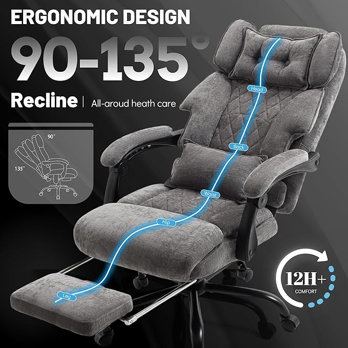 Massage Office Chair with Foot Rest,Kneading & Heat Executive Office Chairs for Heavy People,500LBS Big and Tall Office Chair,Ergonomic Reclining Desk Chair,Dual-Use Pillow,Home Office,GreyCloth