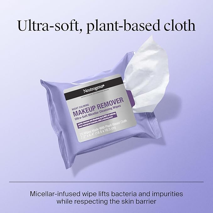 Neutrogena Makeup Remover Night Calming Cleansing Towelettes, Disposable Nighttime Face Wipes to Remove Dirt, Oil & Makeup, 25 ct