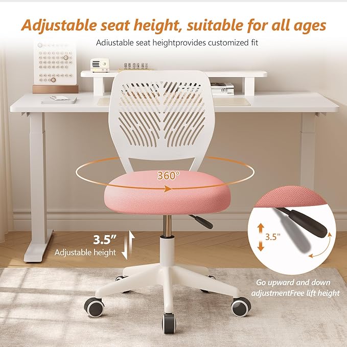 Armless Desk Chair, Height Adjustable Swivel Office Rolling Task Chairs with Soft Mesh Padded Cushion, Ergonomic Small Study Computer Chair for Girls Boys Teens (Pink, 2PCS)