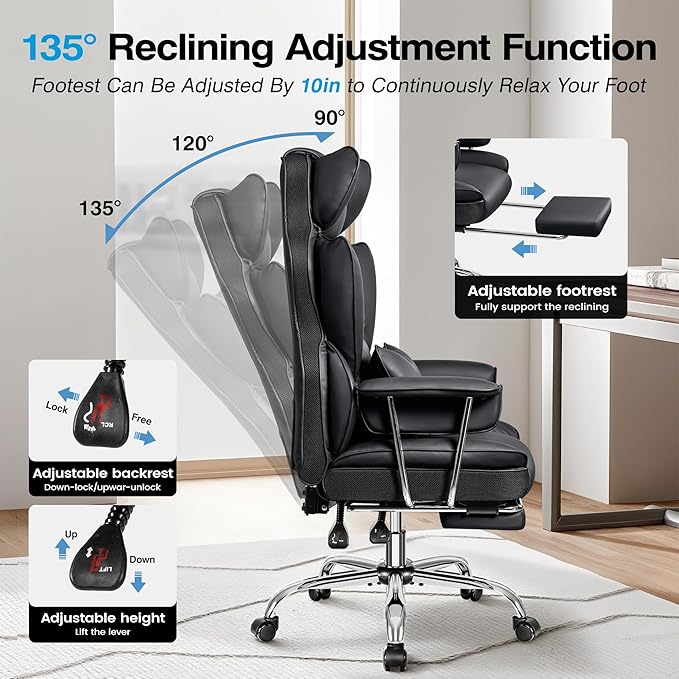 Office Chair Comfy, Big and Tall Executive Leather Chair, High Back Ergonomic Wide Chair with Footrest, Reclining Computer Desk Chair, Heavy Duty Gaming Chair with Padded Arm and Pillow, Black