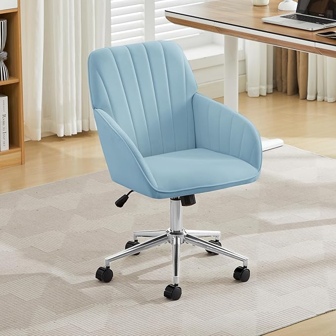 YITAI Velvet Office Desk Armchairs with Silver Base and Wheels,Modern Height Adjustable 360 Degree Swivel Upholstered Vanity Chairs for Living/Room Bedroom/Study,Light Blue