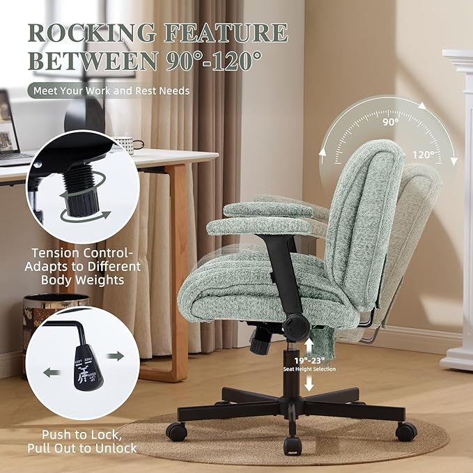 Criss Cross Legged Office Chair with Flip-Up Arms and Wheels, Wide Seat Desk Chair with Built-In Dynamic Airbag Lumbar Support, Modern Cross-Leg Chair for Home Office, Apartment, Vanity, Light Green