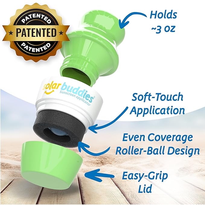 Solar Buddies Grab & Go Travel Bundle, Carabina Clip & Cleaning Brush - Single Full Green - Refillable Roll on Sponge Sunscreen, Suncream & Lotion Applicator For Kids, Adults & Families - Holds 100ml