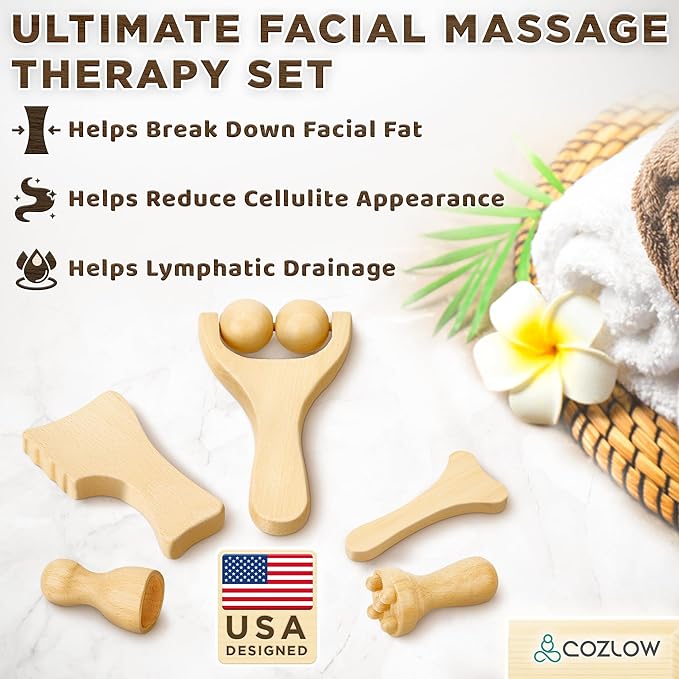COZLOW Gua Sha Facial Massage Tools (5 Piece Set), Wooden Face Massage Therapy Kit for Face Lifting, Lymphatic Drainage, Skin Care & Anti-Aging