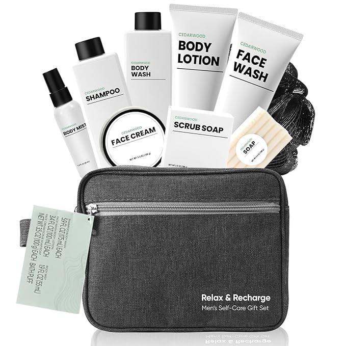 Gifts for Men, 10Pcs Body Wash Seyts with Toiletry Bag, Cedar Scents Brithday Gift Baskets for Men, Christmas, Fathers Day Gifts