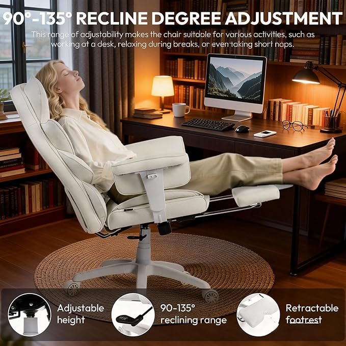 Dowinx Big and Tall Office Chair, High Back PU Leather Computer Gaming Chair with Pocket Spring Cushion, Adjustable Armrests, Lumbar Support, and Footrest –Light White