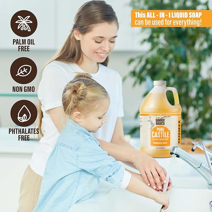 BAMBOO AND BIRCH Pure Castile Soap Liquid, Certified Palm Oil Free Natural Soap, Mandarin Basil, 64 oz