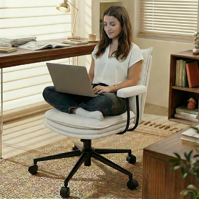 White Office Chair with Triple-Layers Thicken Wide Seat, Mid Back Leather Desk Chair with Wheels and Arms, Mid-Century Modern Computer Chair for Home Office