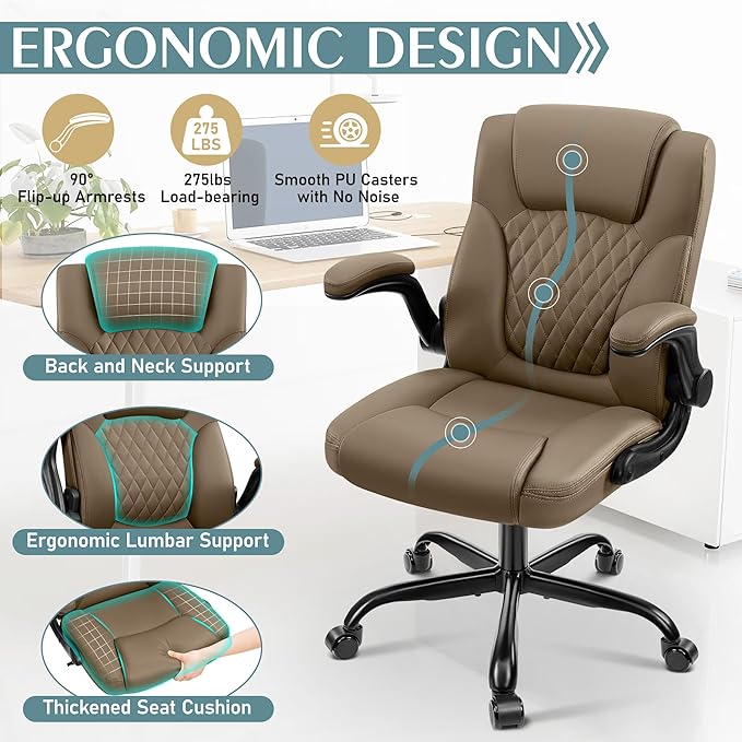 Leather Office Chair, PU Home Computer Desk Chairs with Ergonomic Back Support, 360°Swivel Free，Small Gaming Chair with Wheels and Adjustable Armrests, for Short People Use