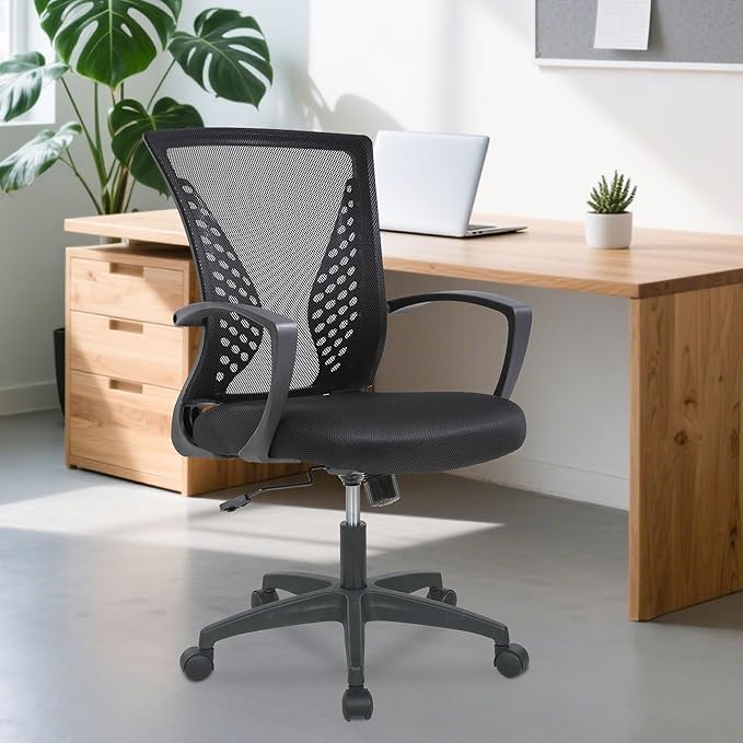 Home Office Chair Mid Back PC Swivel Lumbar Support Adjustable Desk Task Computer Ergonomic Comfortable Mesh Chair with Armrest (Dark Black)