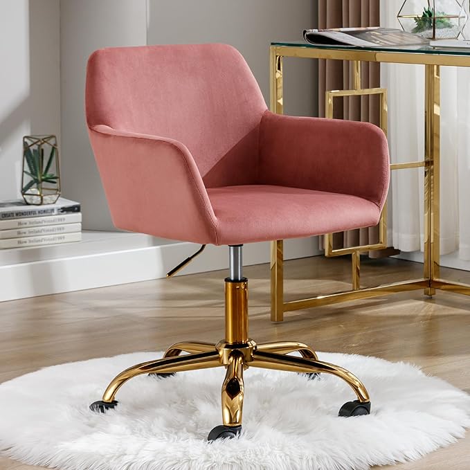 Faux Fur 360°Swivel Desk Chair, Modern Height Adjustable Home Office Armchair with Golden Base for Teens Women Girls, Upholstery Computer Chair for Home Studios, Velvet & Pink