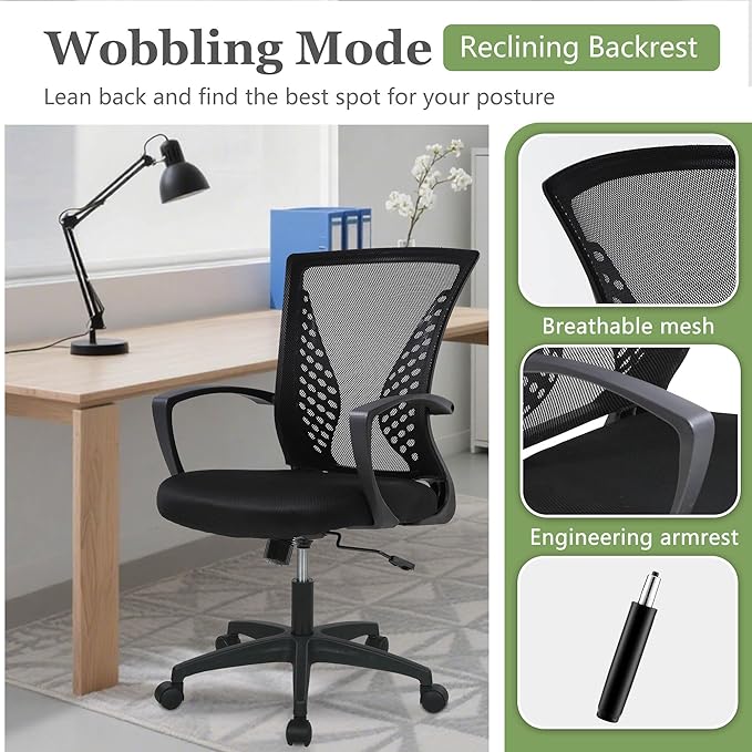 Home Office Chair Mid Back PC Swivel Lumbar Support Adjustable Desk Task Computer Ergonomic Comfortable Mesh Chair with Armrest (Dark Black)