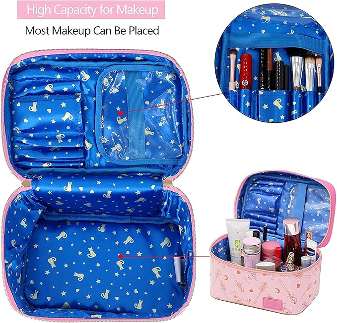 AngelReally Girl Makeup Bag, Cosmetic PU Leather Makeup Bag Portable Travel Cosplay Makeup Bag Organizer Storage Bag Cartoon for Girls Women