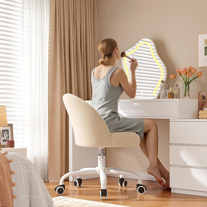 Vanity Chair with Back, Cute Desk Chair with Wheels, Armless Office Chair Height Adjustable, Soft Lumbar Support for Small Space, Bedroom, Light Yellow