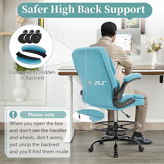 Ergonomic Drafting Chair, Tall Office Chair for Standing Desk, High Back Standing Desk Chair with Flip-Up Armrest, Adjustable Height & Foot Ring, Executive Fabric Extended Height Office Chairs, Blue