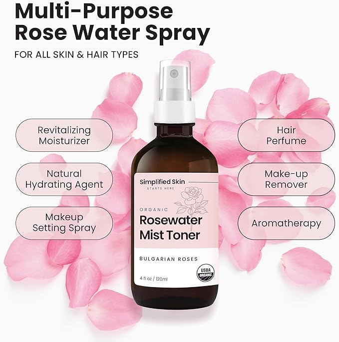 Simplified Skin Rose Water Face and Hair Toner, USDA Organic Facial Mist 4 Oz and Glycolic Acid Toner for Hydrating, Anti-Aging Skin 8 Oz
