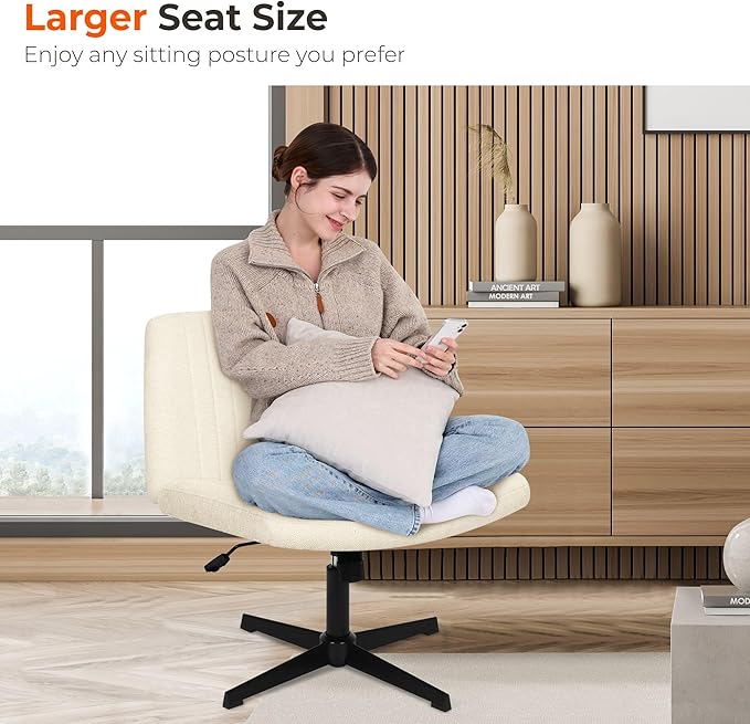 NEO Chair Criss Cross Chair No Wheels Armless Cross Legged Office Desk Wide Comfy Vanity Makeup Chair Adjustable Computer Task for Home Office Fabric (Beige)