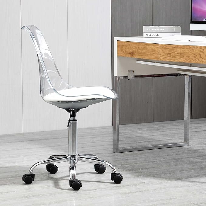 HOMEFUN Clear Desk Chair with Cushion, Armless Acrylic Rolling Chair Height Adjustable Ghost Swivel Molded Plastic and Wheels, Clear