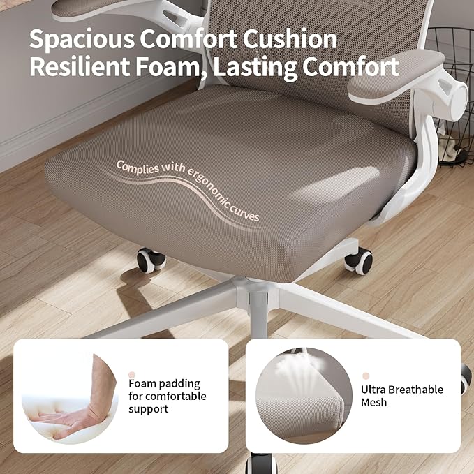 Office Chair Ergonomic Desk Chair with Lumbar Support&Headrest&Flip-up Arms Height Adjustable Rocking Swivel High Computer Chair Multi-Angle from 90° to 125° with 350LBS Capacity(White+Khaki-2)