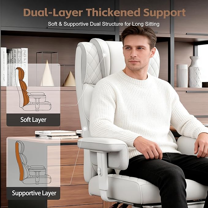 Vonesse Big and Tall Office Chair, Desk Chair with Soft Adjustable Armrests, Ergonomic High Back Gaming Chair with Lumbar Support, Executive Computer Chairs with Footrest (PU Leather, Ivory White)