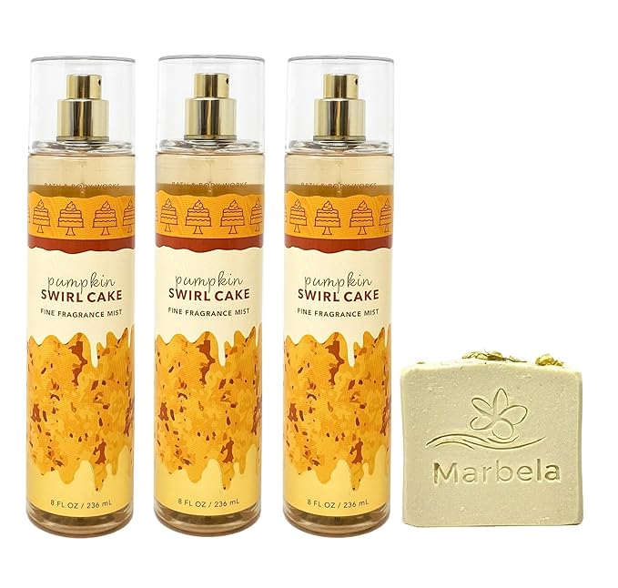 Bath & Body Works Pumpkin Swirl Cake 3 Pack Fragrance Mist Bundle with a Wild Jasmine Bar Soap - Full Size