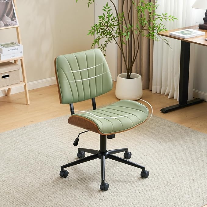 VINGLI Wide Curved Seat&Back Armless Home Office Chair,Ergoromic Adjustable-Height Desk Chair,Swivel&Tilting Function,Stylish Walnut Task Chair for Meeing Room,Dining Room,PU,Olive Green