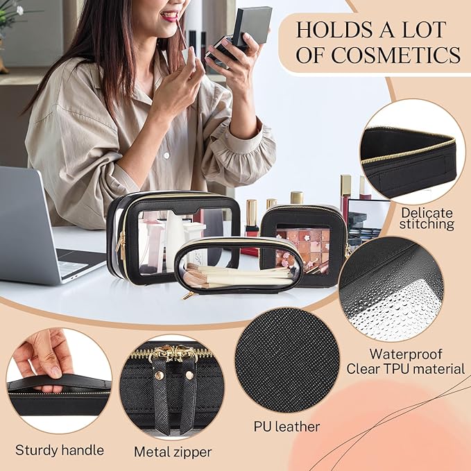 4 Pcs Leather Clear Makeup Bags Set for Women Travel Clear Cosmetic Case Toiletry Bags with Zipper Makeup Brush Case Waterproof Organizer Storage for Women Men Travel Accessories, 4 Sizes(Black)