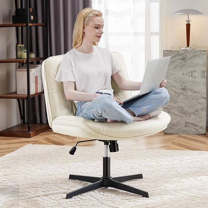 OLIXIS Criss Cross Chair with Wheels, Armless Wide Cross Legged Vanity Office Desk Chair with Comfy PU Leather& Back - Swivel for Home Office Bedroom, Beige