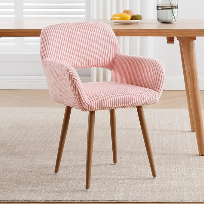 HENJIANYI Home Office Corduroy Desk Chair, Makeup Vanity Chair, Comfy Accent Armchair with Wood Grain Metal Legs, Cute Dining with Hollowed Back, Pink