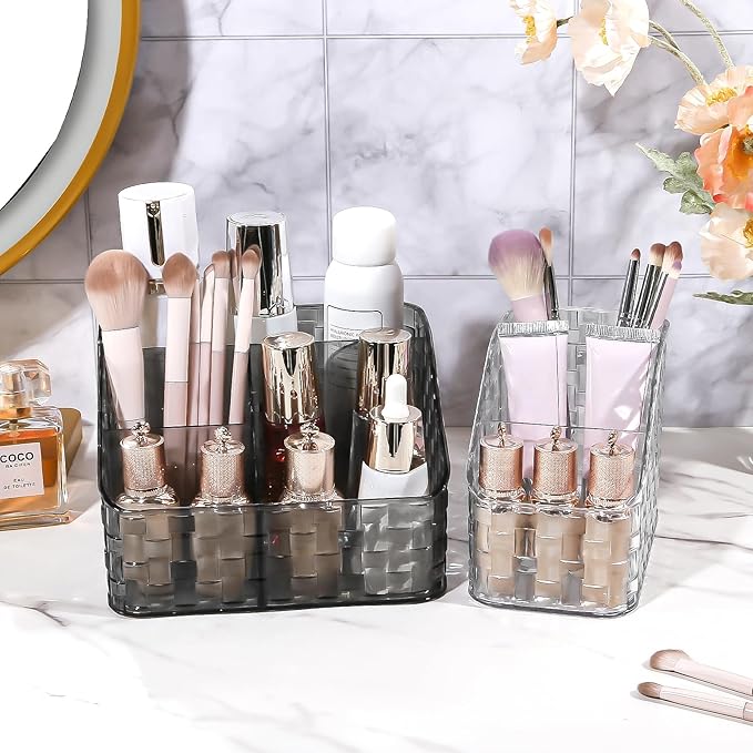 DASITON Makeup Brush Holder Organizer, 4 Slots Acrylic Makeup Brushes Storage Cup, Woven Texture Make Up Brush Holder for Vanity Bathroom Office, Pen Holder for Desk, Cosmetic Display Cases (Grey L)
