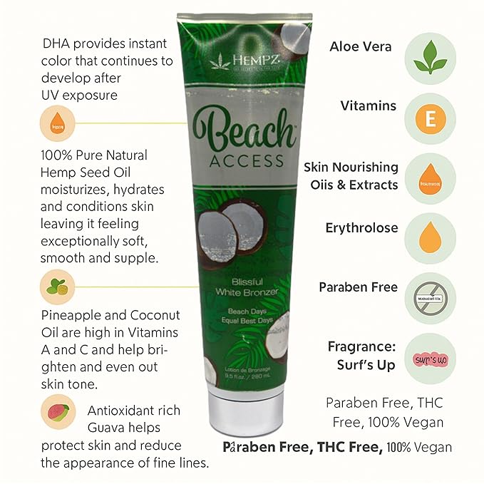 HEMPZ Hydrating Indoor/Outdoor Herbal Moisturizing Self Tanning Lotion for Tanning Beds, Beach, Sun 9.5 Fl OZ (Pineapple & Coconut)