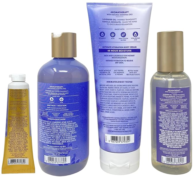 Bath & Body Works Aromatherapy Sleep Lavender + Vanilla Gift Set- Ultimate Hydration Body Cream, Essential Oil Mist, Body Wash & Foam Bath and Hand Cream - with a Natural Oats Sample Soap
