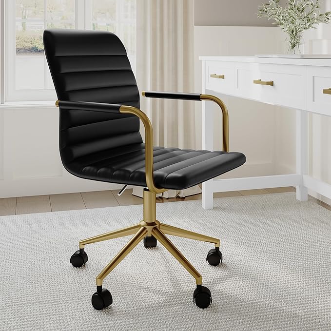 Martha Stewart Taytum Swivel Task Chair with Armrests for Home Office in Black Faux Leather with Polished Brass Frame