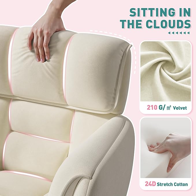 Vanity Chair with Wheels & Soft Velvet Fabric, Desk Chair Comfy with Back, Upholstered Home Office Chair with Side Pockets for Bedroom, Office, Make-up Room, Height Adjustable, Beige