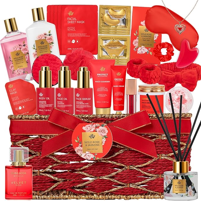 35 Pcs Valentines Day Gift for Women, Red Rose Bath and Body Basket Gift, Face Skin Care Kit, Home Spa Self Care, Lip Gloss, Diffuser, Necklace, Birthday, Christmas, Mother, Bridal Shower, Anniversary