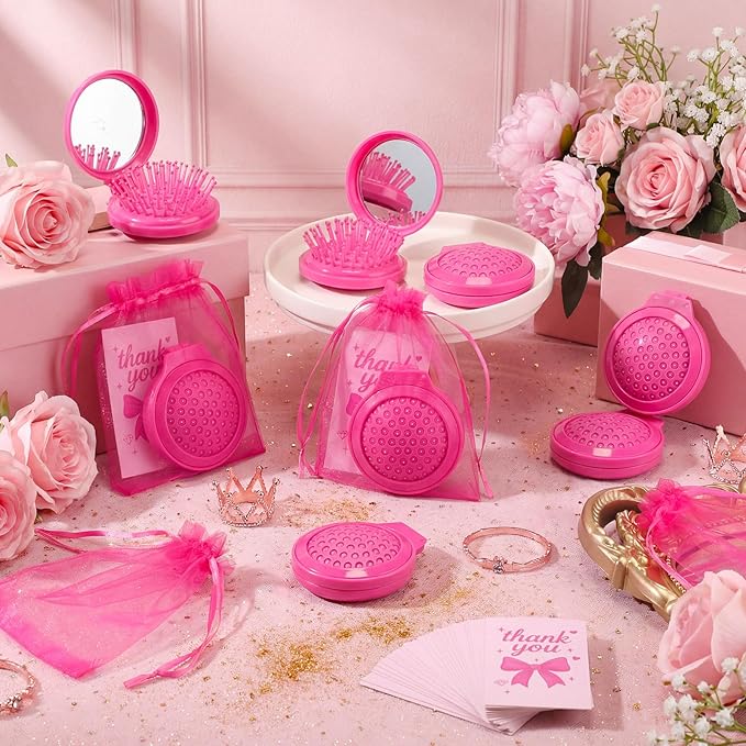 24 Sets Women's Day Gifts with Folding Travel Mirror Hair Brush with Organza Bags Cards Mini Round Mirror Pocket Brush for Girls Women Hot Pink Makeup Mother's Day Gifts