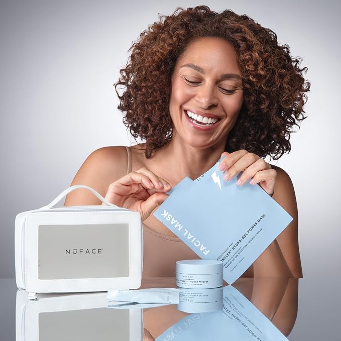 NuFACE Ultimate Glow Skincare Kit - Limited Edition Set with Hydrogel Power Mask, Under Eye Patches, Prep-N-Glow Facial Wipes & Luxe Bag - Hydrating Skincare to Prep for Microcurrent (4ct)