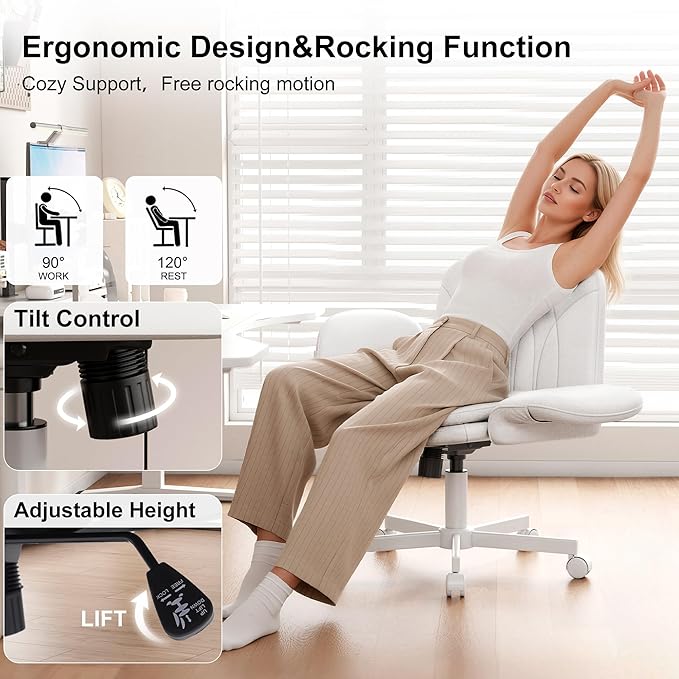 Misolant Fabric Criss Cross Chair with Armrests & Wheels for Cross-Legged Sitting, Comfortable PU Leather Vanity Chair, Office Desk Chairs with Adjustable Rocking Function, for Home, Bedroom White