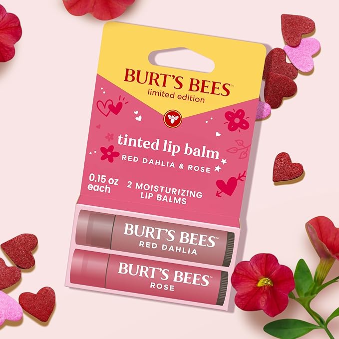 Burt's Bees Lip Tint Balm, Long Lasting 2 in 1 Duo Tinted Balm Formula, Color Infused with Hydrating Shea Butter for a Natural Looking Buildable Finish, Red Dahlia + Rose (2-Pack)