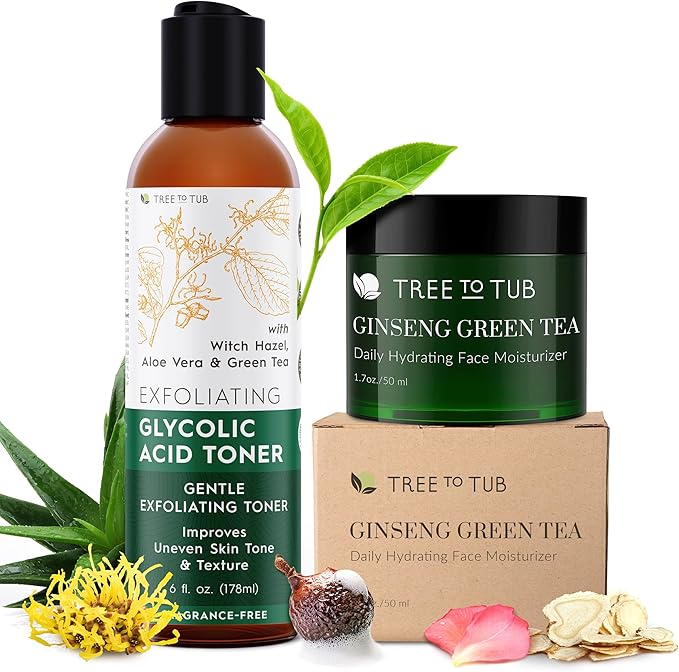 Tree To Tub Glycolic Acid Toner, Ginseng Green Tea Face Moisturizer Bundle – Gentle Daily Skincare with Witch Hazel, Hyaluronic Acid & Aloe for Dry, Sensitive, or Uneven-Looking Skin