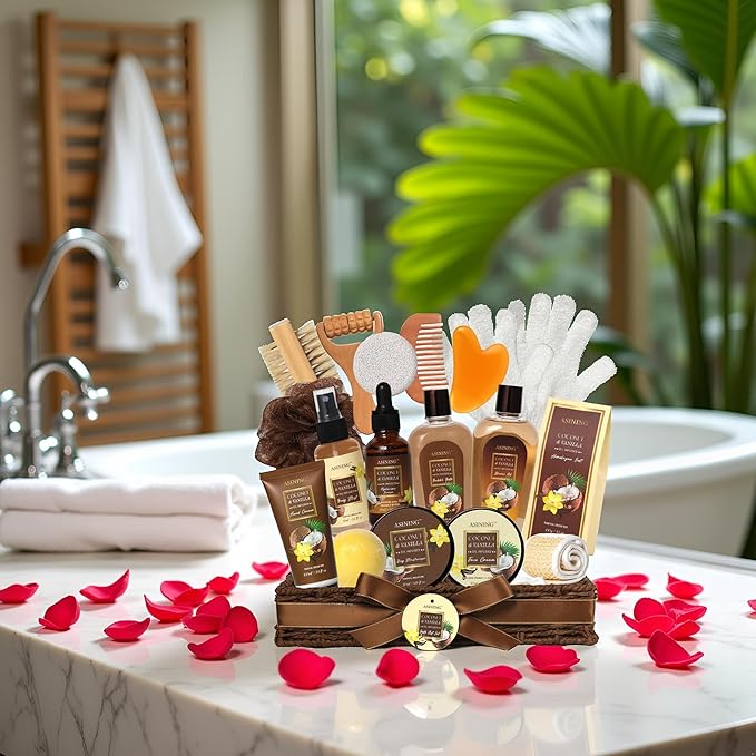 19-Piece Bath and Body Gift Basket Set for Women - Coconut Vanilla Gift, Spa Gift Basket, Face Skin Care Set, Bath Gift Set Self Care Gift for Mothers Day, Fathers Day, Birthday, Christmas, Valentines