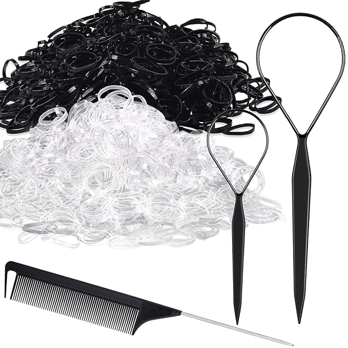 Topsy Tail Hair Styling Set, IKOCO - 1000pcs Hair Elastics (500 Clear, 500 Black), 2 Loop Tools, 1 Rat Tail Comb